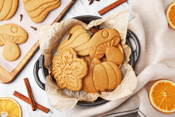 Flat lay composition with tasty cookies and spices on white table