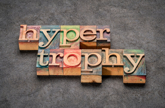 hypertrophy - word in letterpress wood type, the enlargement of an organ or tissue from the increase in size of its cells