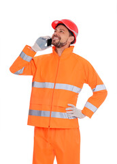 Man in reflective uniform talking on phone against white background