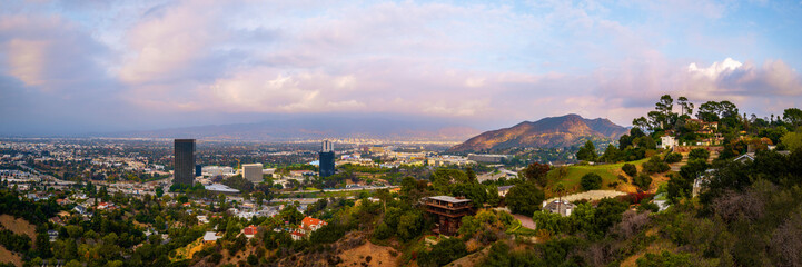 Universal City Skyline Sunset Cityscape over Mulholland Scenic Drive in Hollywood, Los Angeles,...