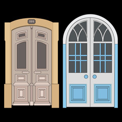 Set of old door vector art.  Old door isolated on bacl background. old door in style vector. for coloring book