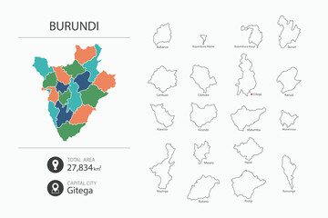 Map of Burundi with detailed country map. Map elements of cities, total areas and capital.