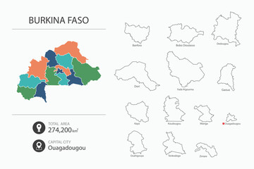 Map of Burkina Faso with detailed country map. Map elements of cities, total areas and capital.