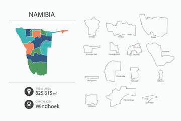 Map of Namibia with detailed country map. Map elements of cities, total areas and capital.