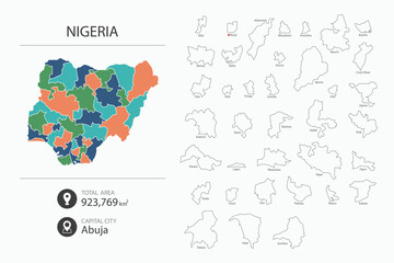 Map of Nigeria with detailed country map. Map elements of cities, total areas and capital.