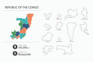 Naklejka premium Map of Republic of the Congo with detailed country map. Map elements of cities, total areas and capital.