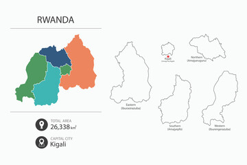 Obraz premium Map of Rwanda with detailed country map. Map elements of cities, total areas and capital.
