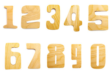 Fototapeta premium wooden figures number one, two, three, four, five, six, seven, eight, nine, zero with shadow isolated on white background