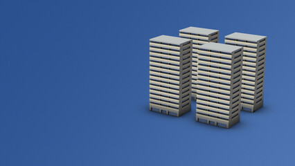 立ち並ぶ複数の高層マンション。都市の住宅街。建物の外観。