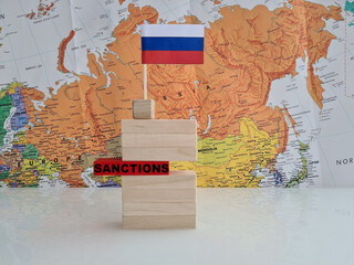 Flag of Russia and falling economic financial political sanctions