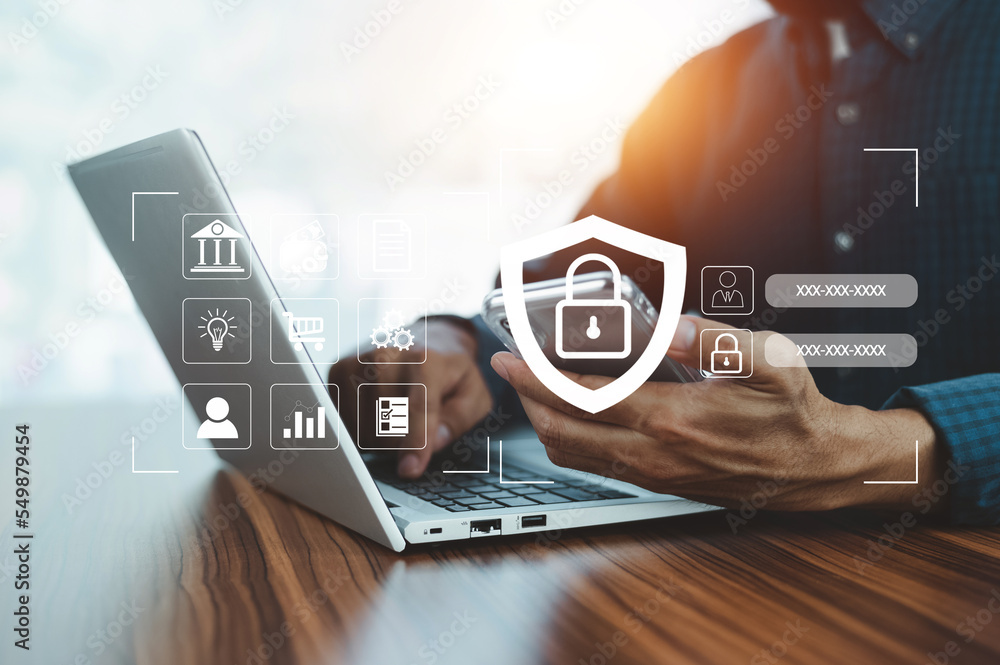 Poster businessman using password for cybersecurity concept global network security technology, business pe