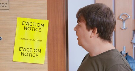Man stands at door pile bills for payment, hand glues eviction notice door, gasped in astonishment. Financial crisis eviction mortgage debts judgment. Tenant evicted apartment bankruptcy unemployment