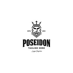 line art poseidon king with trident crown logo icon vector template