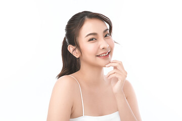 Beautiful young asian woman with clean fresh skin on white background, Face care, Facial treatment, Cosmetology, beauty and spa, Asian women portrait.