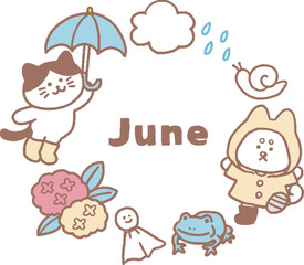 猫と犬の英語梅雨6月イラストパステルカラー（シンプル）