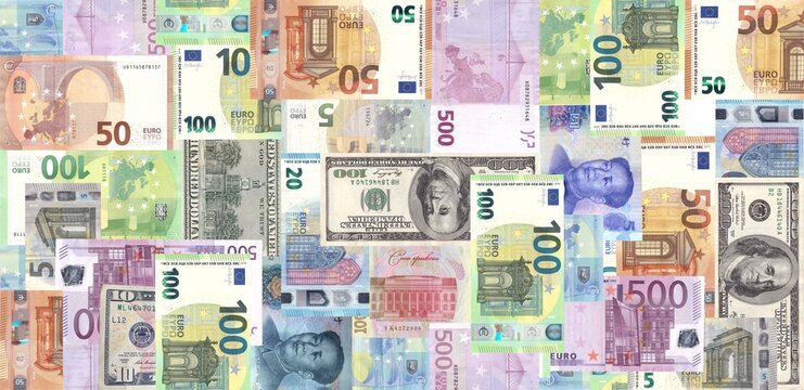 Seamless pattern of euro, dollars, yuan, banknotes. Wrapping paper, collage, wallpaper, money currency, different paper notes. 