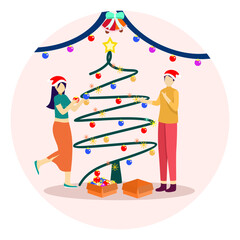 Two woman are decorating christmas tree preparation before celebrating christmas hearts.Vector illustration of people decorating christmas tree with colorful lights.flat illustration design