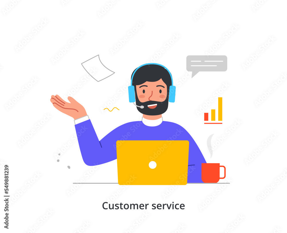 Poster person during work calls. young bearded male call center operator answers users questions and solves
