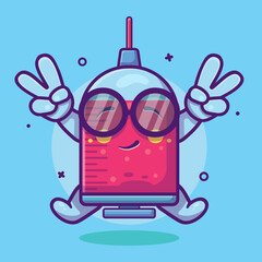 cute syringe character mascot with peace sign hand gesture isolated cartoon in flat style design