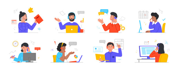 Fototapeta premium Set of People during work calls. Male and female entrepreneurs conduct business conversation with partners. Customer service operators solve problems. Cartoon flat vector collection isolated on white