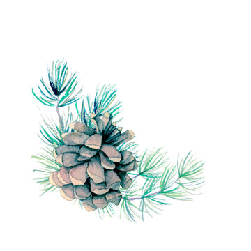 Watercolour pine needles cone branch isolated illustration on white background Hand painted Christmas clip art for design or print corner border