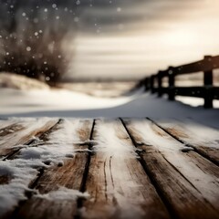 Closeup of Wooden Planks with Snowy Background | Product Background | Created Using Midjourney ai and Photoshop