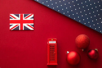 Christmas holiday tradition in United Kingdom and happy holidays flat lay, british flag, London...