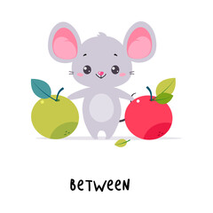 Little Mouse Standing Between Apples as English Language Preposition for Educational Activity Vector Illustration