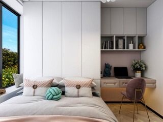 3D rendering, clean and tidy Nordic style bedroom design