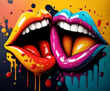 Two Sets of Laughing Colorful Lips in Abstract Dripping Painting | Created using Midjourney ai and Photoshop