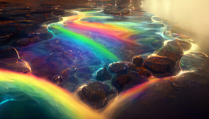 The water flows over the rocks, the light hits down to create a rainbow with Generative AI