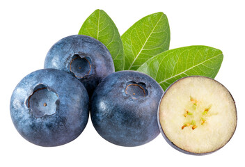 Blueberries fruit with leaf on white background, Fresh Blueberry on White Background PNG File.