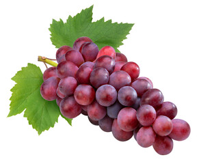 Red grape with leaves  on white, Bunch of fresh red juicy grapes on white, With clipping path.