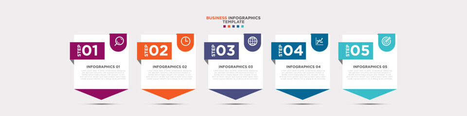 Obraz premium Business infographics timeline design template with 5 step and option information. Premium vector with editable sign or symbol. Eps10 vector