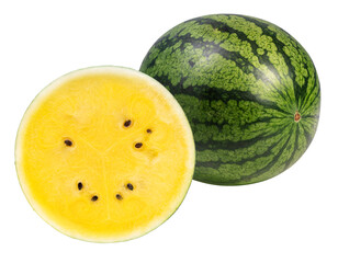 Sweet Yellow Watermelon on white background, Yellow watermelon with Slices on white background PNG File.