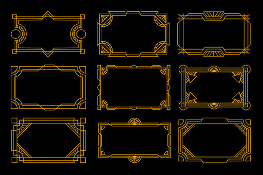 Art deco frame in golden color for classy and luxury design style. premium vintage line art for design element and ornament. Classy outline stroke for background and print decoration