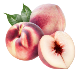 White Peach fruit with leaf on white background, Fresh White Peach on White Background PNG File.