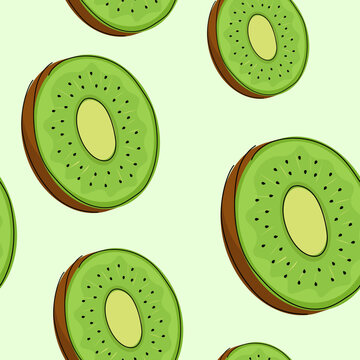 Vector illustration. Tropical fresh kiwi fruits. Seamless pattern background. Graphic vintage hand drawn wallpaper. Design elements for social media, cover, wrapping paper. Abstract ornament texture