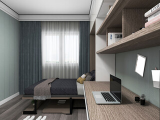 3D rendering, clean and tidy Nordic style bedroom design