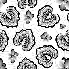 Floral seamless tropical pattern, summer background with palm leaves, jungle tree, gray jasmine flower branch. Botanical wallpaper, illustration in Hawaiian style. flowers background. autumn pattern
