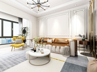 3D rendering, wooden Nordic style living room design