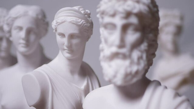 Statues of Greek Gods Zues, Apollo, Aphrodite, Hermes, Artemis - Rack Focus to Zeus