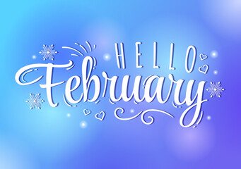 Naklejka na ściany i meble Hello February Month with Flowers, Hearts, Leaves and Cute Lettering for Decoration Background in Flat Cartoon Hand Drawn Templates Illustration