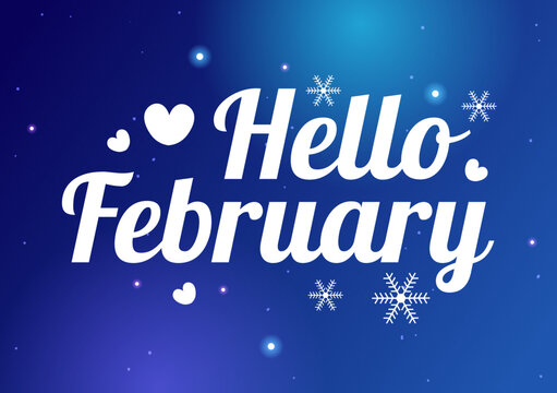 Hello February Month with Flowers, Hearts, Leaves and Cute Lettering for Decoration Background in Flat Cartoon Hand Drawn Templates Illustration