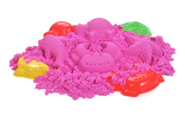 Sand Castles of kinetic sand and toys isolated on white background.