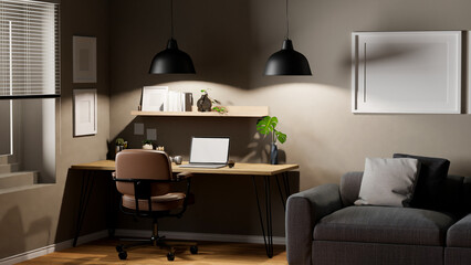 Modern minimalist home living room with working space interior with stylish pendant lights, sofa.