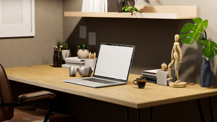 Minimalist desk workspace with laptop mockup and decor on wood table against the grey wall