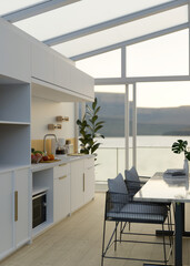 Fototapeta na wymiar Modern white kitchen cooking space interior with kitchen appliances, sink, and dining table