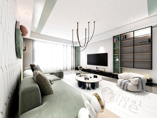 3D rendering, wooden Nordic style living room design