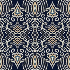 Ethnic ikat pattern. Illustration ethnic tribal yellow-blue color drawing pattern ikat style. Ethnic ikat oriental seamless pattern for fabric, textile, home decoration elements, upholstery, wrapping.